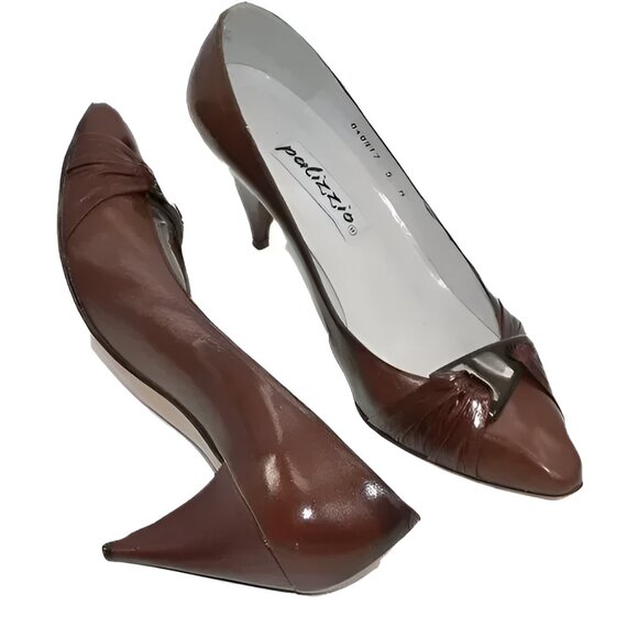 Palizzio Spanish Brown-Burgundy Leather Structured Twist Cone Pumps Heels 9 - Picture 3 of 13